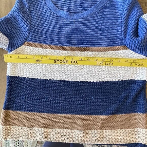 Chico's Cotton Blend Multi Striped Blue, Tan and White Boatneck Sweater Size 8 - Picture 5 of 7